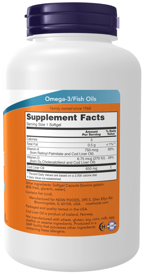 NOW Foods - Ulei de ficat de cod, 650mg - 250 capsule moi - Billede 2