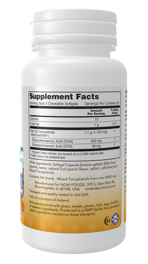 NOW Foods - Ulei de pește DHA pentru copii, capsule moi masticabile, 100mg - 60 capsule - Billede 2