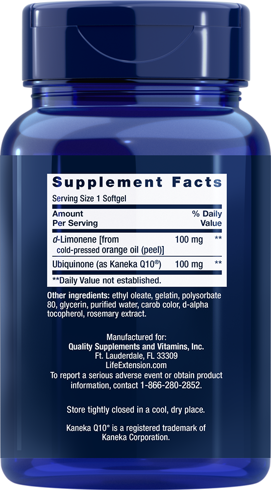Life Extension - CoQ10 Super-Absorbabil (Ubiquinona) cu d-Limonen, 100mg - 60 capsule moi - Billede 2