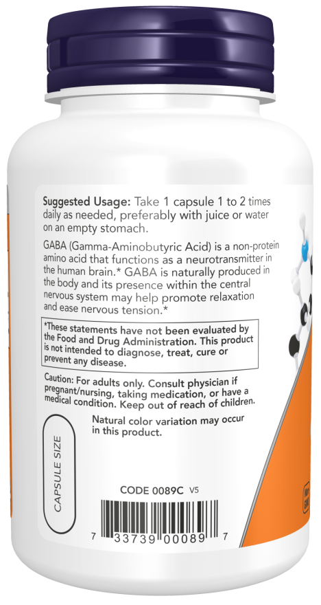 NOW Foods - GABA, 750 mg, 200 capsule - Billede 3