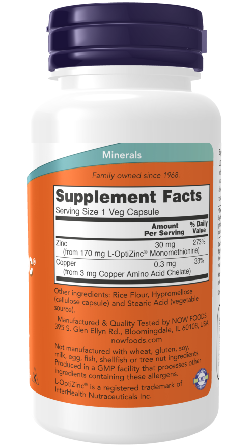 NOW Foods - L-OptiZinc 30mg, 100 capsule - Billede 2