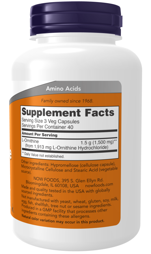 NOW Foods - L-Ornithine 500 mg, 120 capsule - Billede 2