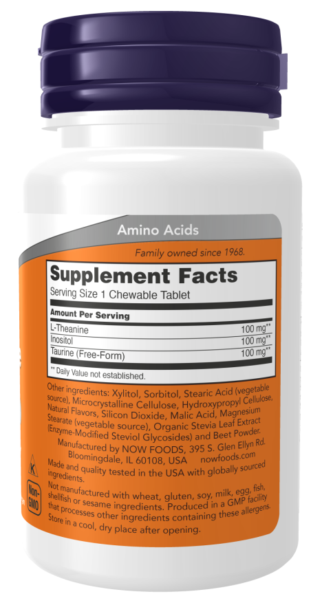 NOW Foods - L-Theanina cu Inozitol și Taurină, 100mg - 90 tablete masticabile - Billede 2