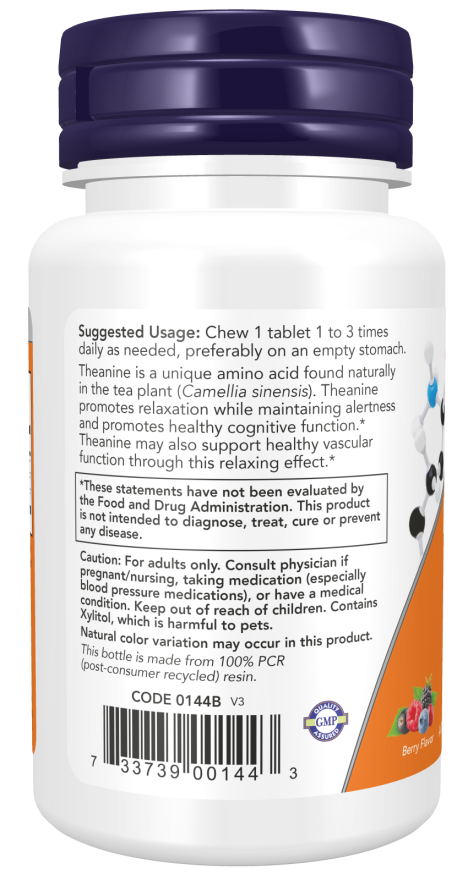 NOW Foods - L-Theanina cu Inozitol și Taurină, 100mg - 90 tablete masticabile - Billede 3