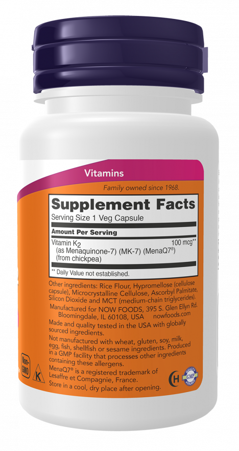 NOW Foods - Vitamina K-2 MK-7, 100mcg, 60 capsule - Billede 2