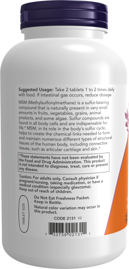 NOW Foods - MSM Metilsulfonilmetan, 1500 mg - 200 tablete - Billede 3