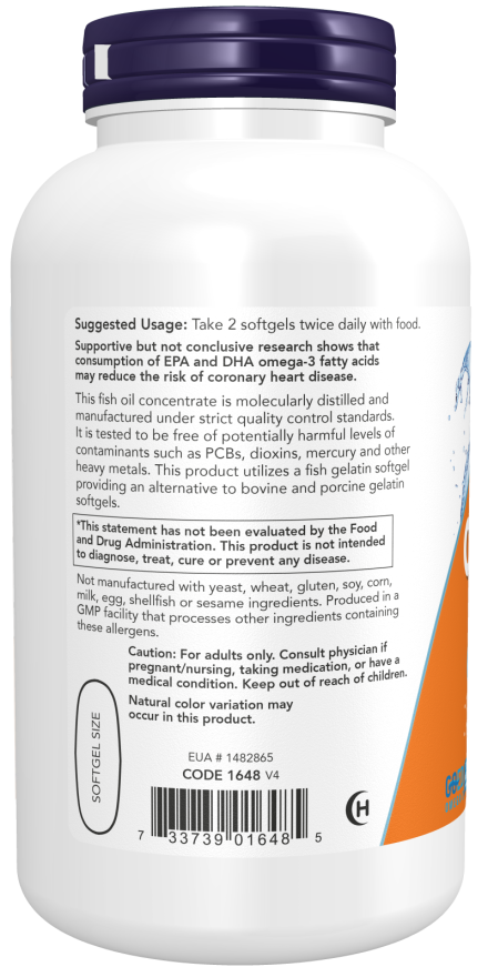 NOW Foods - Ulei de pește Omega-3, Distilat Molecular - 200 capsule moi - Billede 3