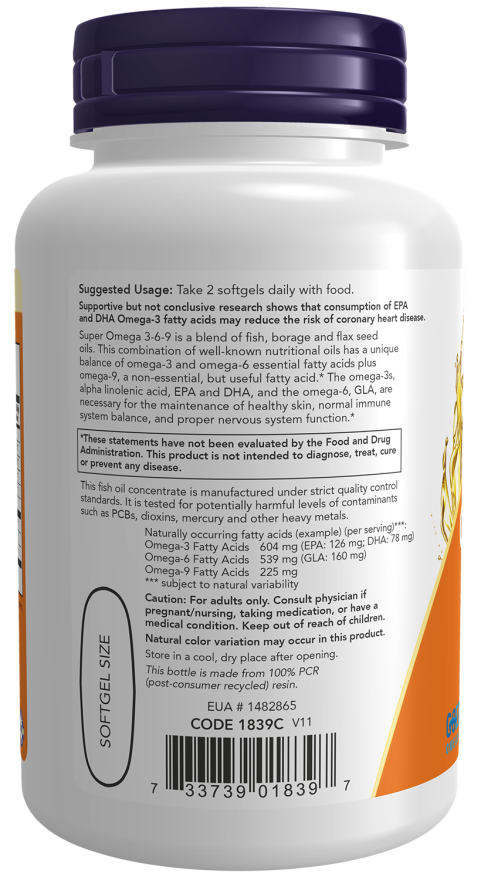 NOW Foods - Super Omega 3-6-9, 1200mg, 90 capsule moi - Billede 3