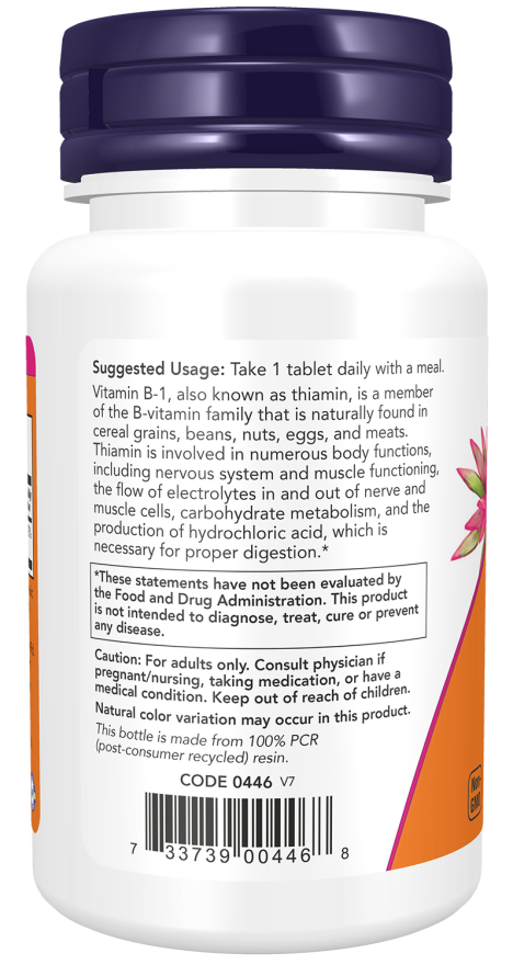 NOW Foods - Vitamina B-1 Tiamină, 100 mg - 100 tablete - Billede 2