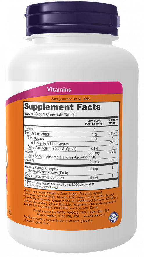 NOW Foods - Vitamina C-500, Tablete Masticabile cu Aromă de Cireșe - 100 tablete - Billede 2