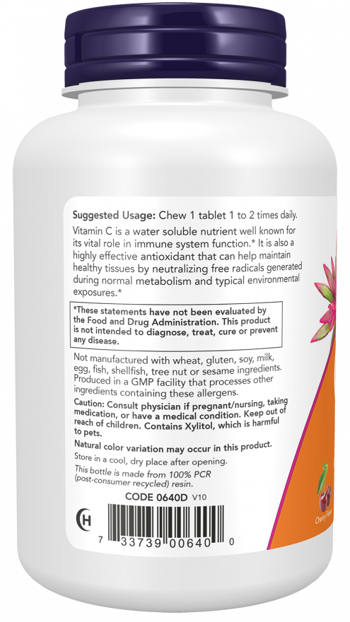 NOW Foods - Vitamina C-500, Tablete Masticabile cu Aromă de Cireșe - 100 tablete - Billede 3