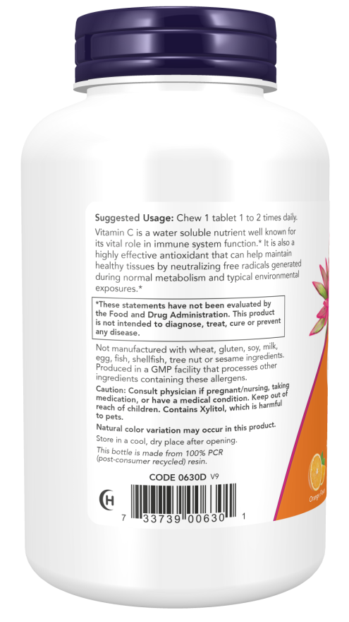 NOW Foods - Vitamina C 500, Tablete Masticabile cu Aromă de Portocală - 100 tablete - Billede 3