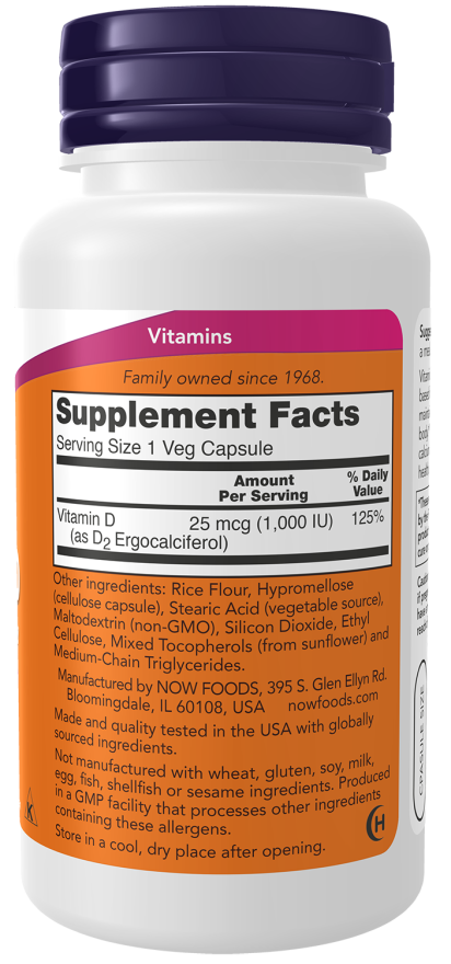NOW Foods - Vitamina D 1000 UI Vegetariană, Uscată - 120 capsule - Billede 2