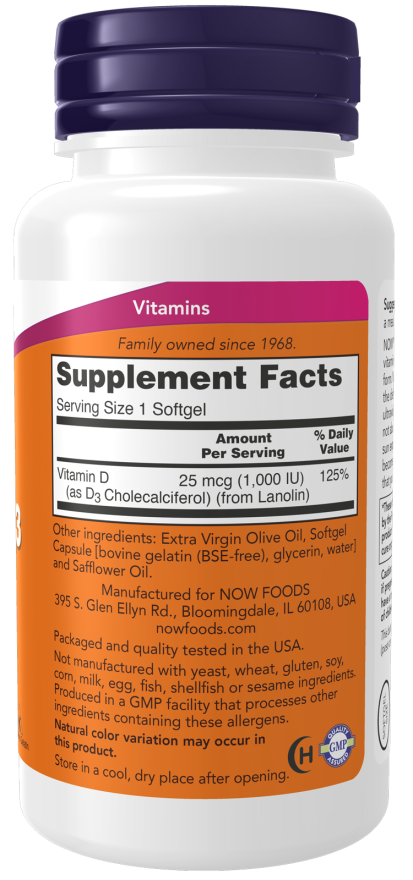 NOW Foods - Vitamina D-3, 1000 UI - 360 capsule moi - Billede 2
