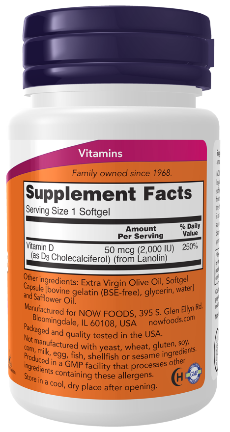 NOW Foods - Vitamina D-3, 2000 UI - 30 capsule moi - Billede 2