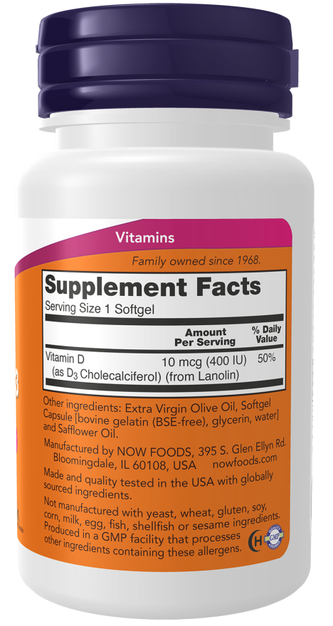 NOW Foods - Vitamina D-3, 400 UI - 180 capsule moi - Billede 2