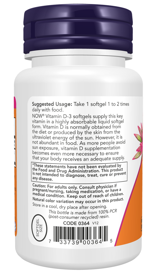 NOW Foods - Vitamina D-3, 400 UI - 180 capsule moi - Billede 3