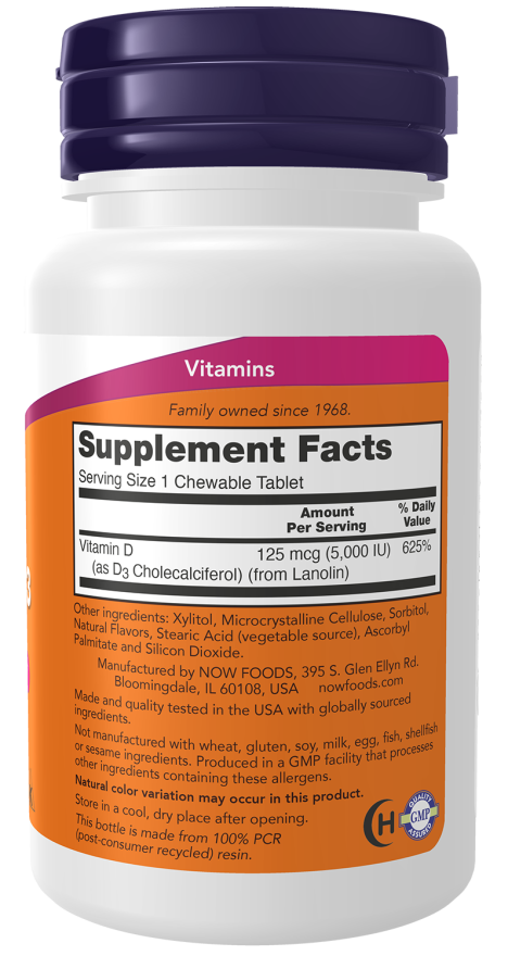 NOW Foods - Vitamina D-3, 5000 UI (Tablete masticabile) - 120 tablete masticabile - Billede 2