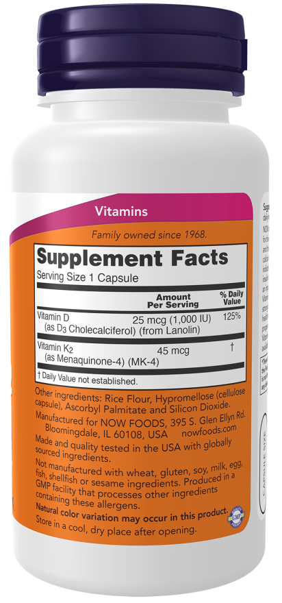 NOW Foods - Vitamin D-3 & K-2 - 120 kapsler - imagine 2