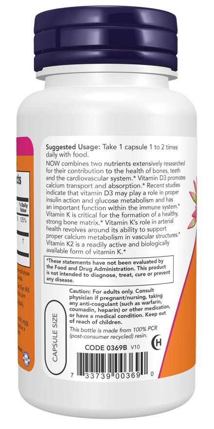 NOW Foods - Vitamin D-3 & K-2 - 120 kapsler - imagine 3